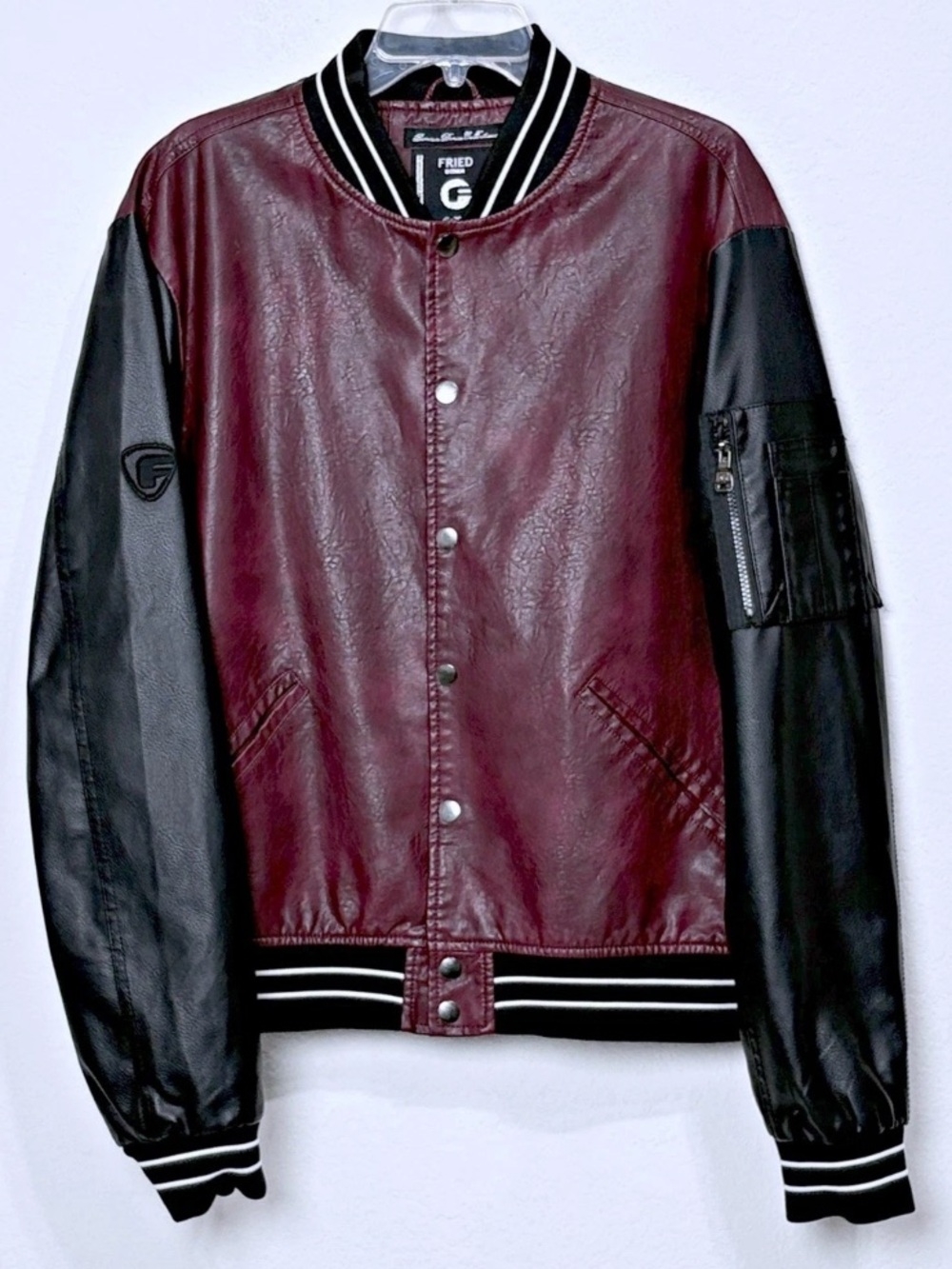 Fried Denim Faux Leather Varsity Bomber Jacket Urban Streetwear Burgundy Men XL